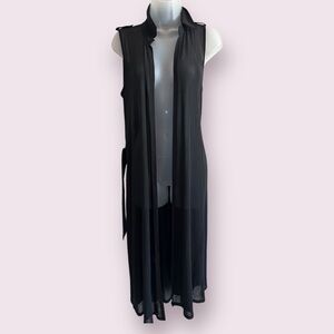 Windsor Black Sheer Sleeveless Longline Cardigan with Belt - Cover-Up, Size S